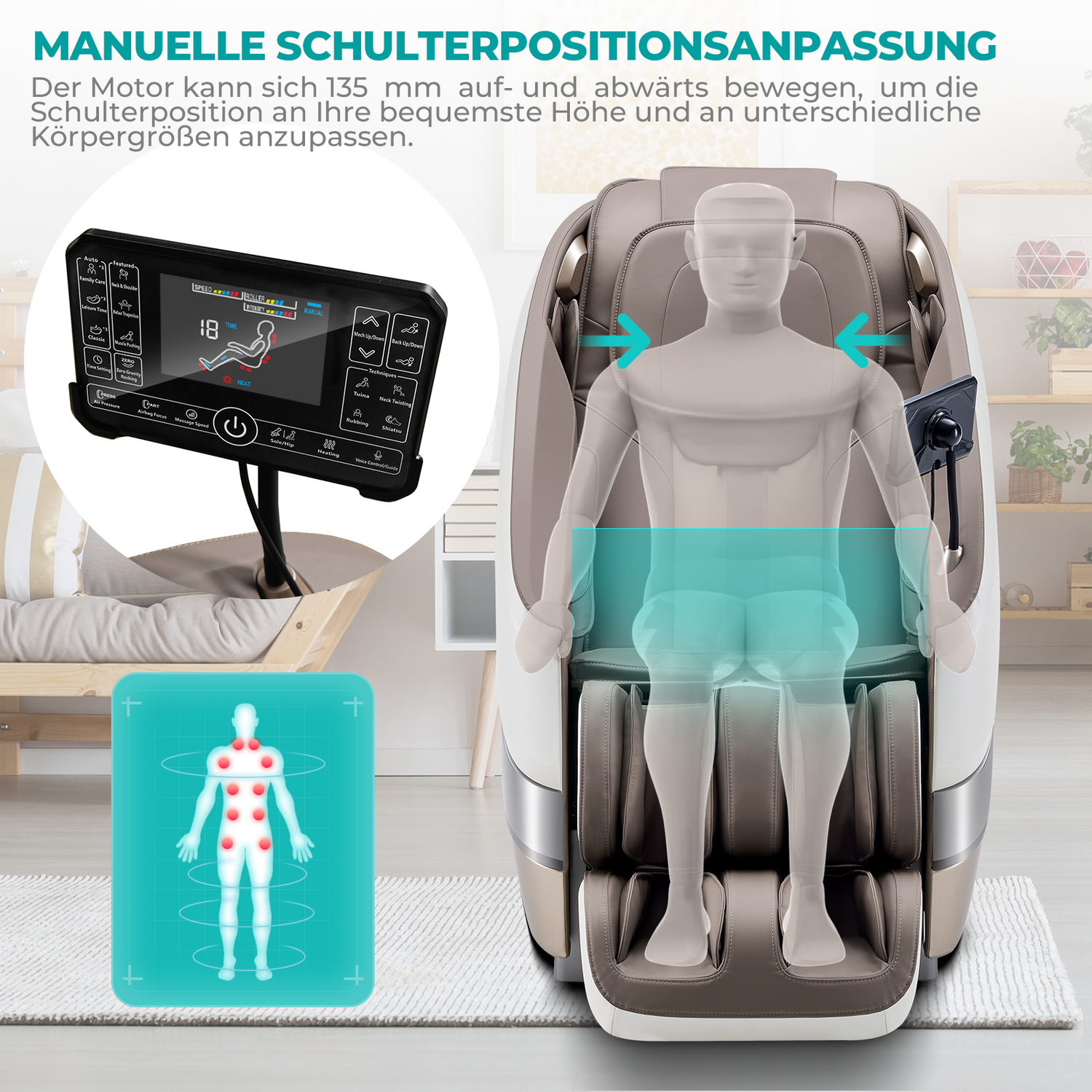 Massage-Sessel mit Controller und Körperdiagramm. Der Stuhl ist beige und weiß.
