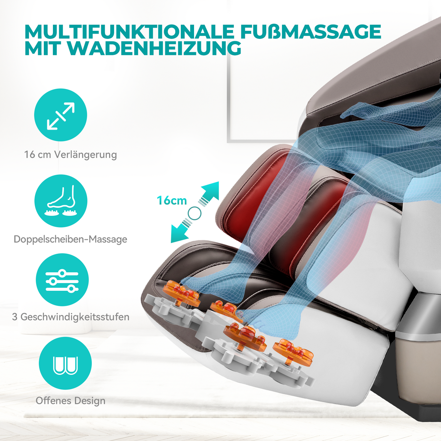 Diagramm eines Massagestuhls mit Text und Pfeilen, die die Funktionen detaillieren. Weißer Hintergrund.
