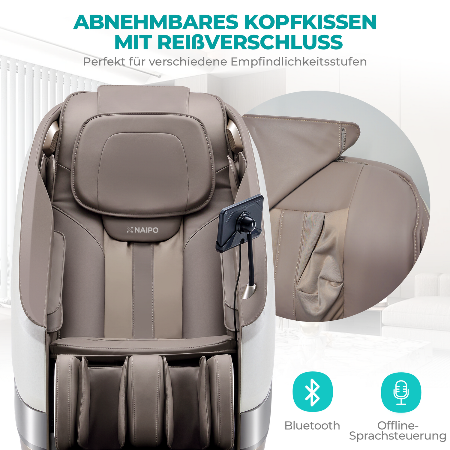 Ein Massagesessel mit Kopfstütze, Armlehne und Tablet.