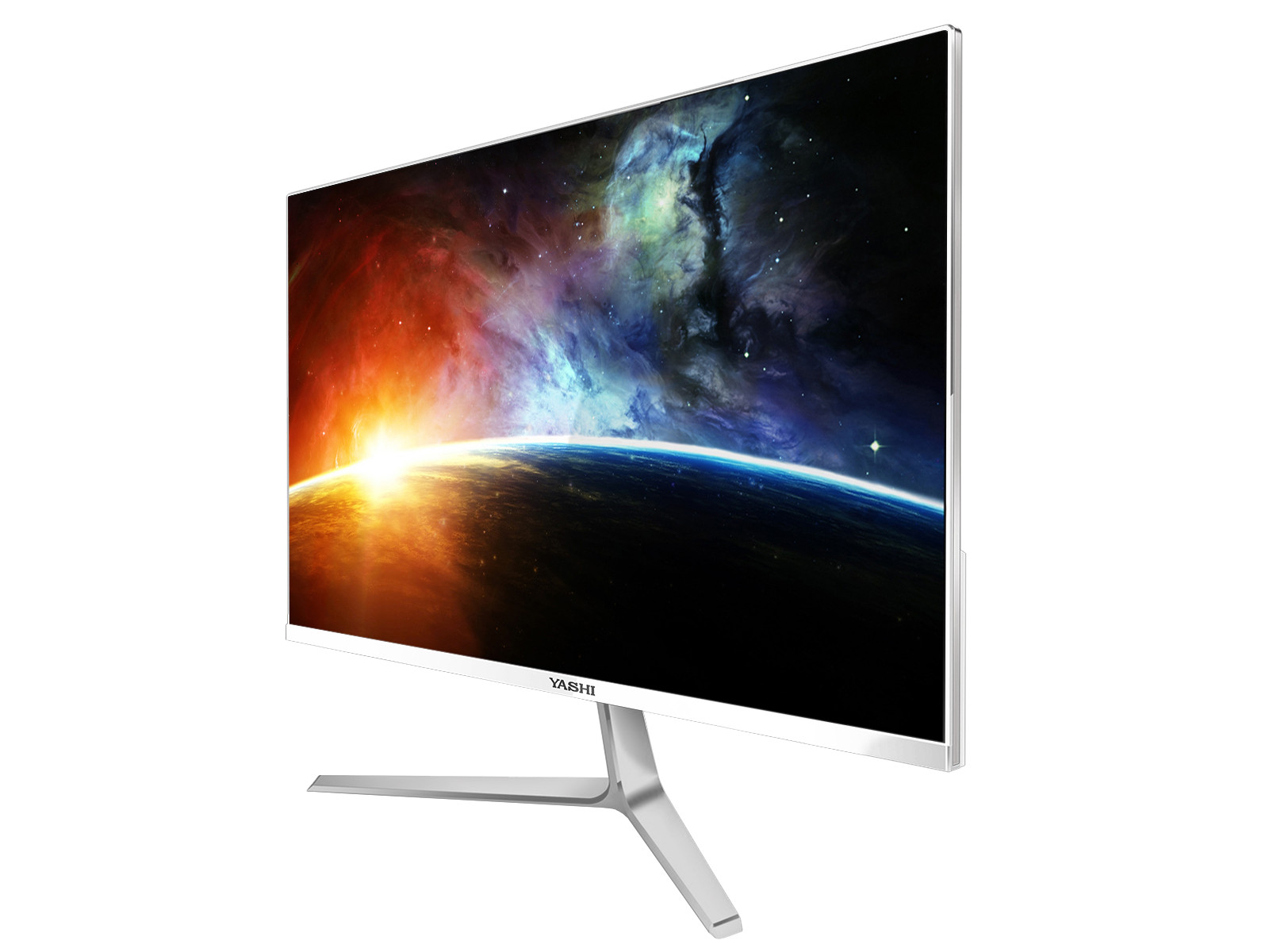 Monitor z kosmiczną sceną na ekranie. Ma srebrną podstawę i ramkę. Tło jest białe.