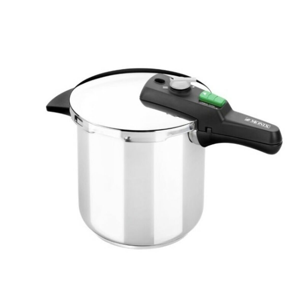 Olla a presión de acero inoxidable con asa negra y botón verde.