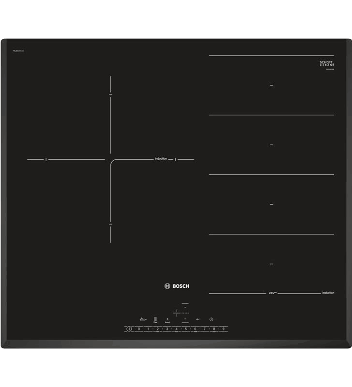 Una placa de inducción Bosch negra, con panel de control y marcas blancas.