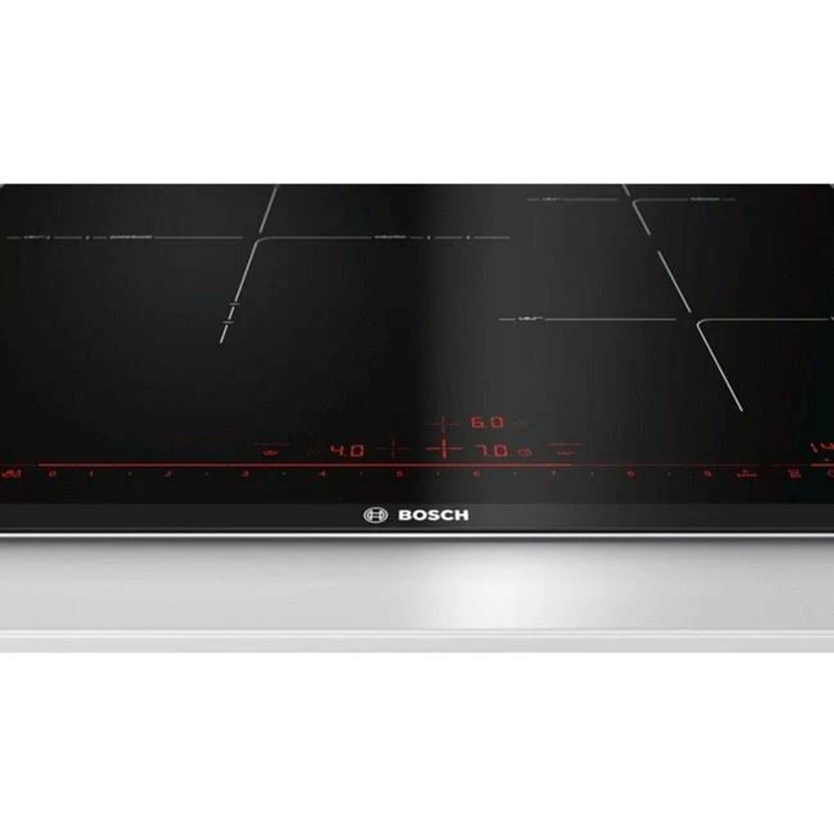 Placa de inducción negra con controles rojos iluminados y el logotipo de Bosch.