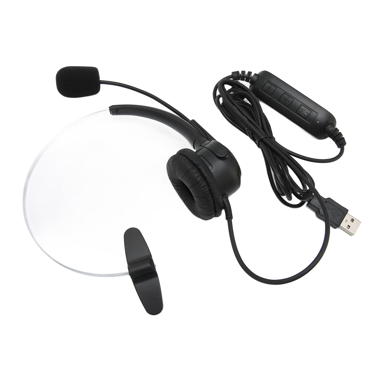 Ein schwarzes Headset mit Mikrofon und USB-Anschluss.