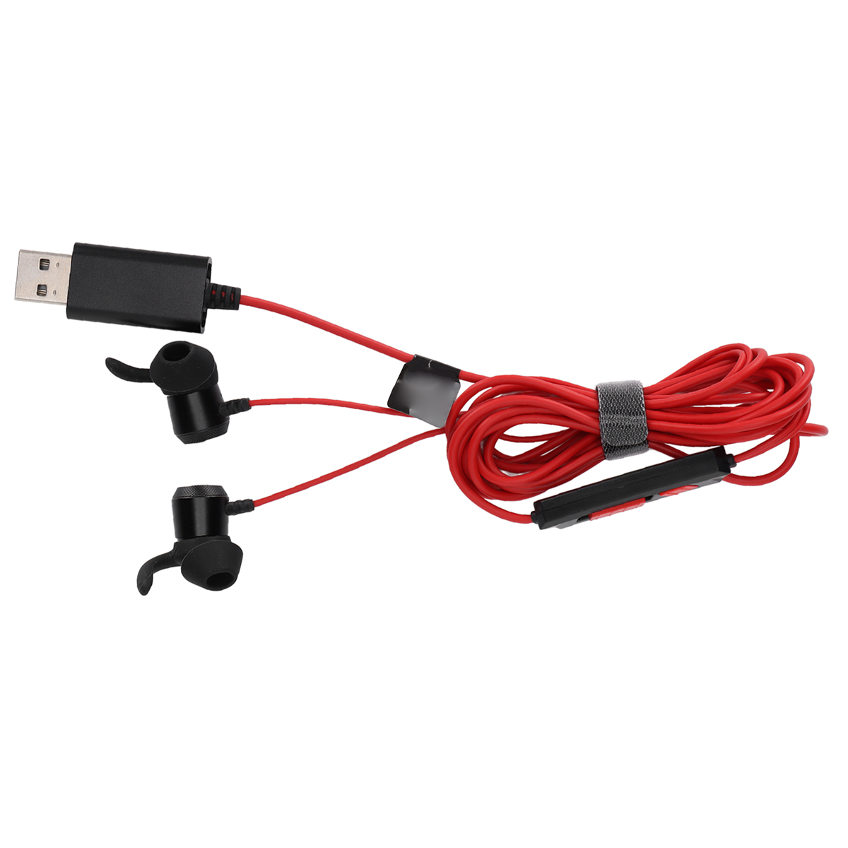 Rote Ohrhörer mit USB-Anschluss und schwarzem Steuermodul. Weißer Hintergrund.