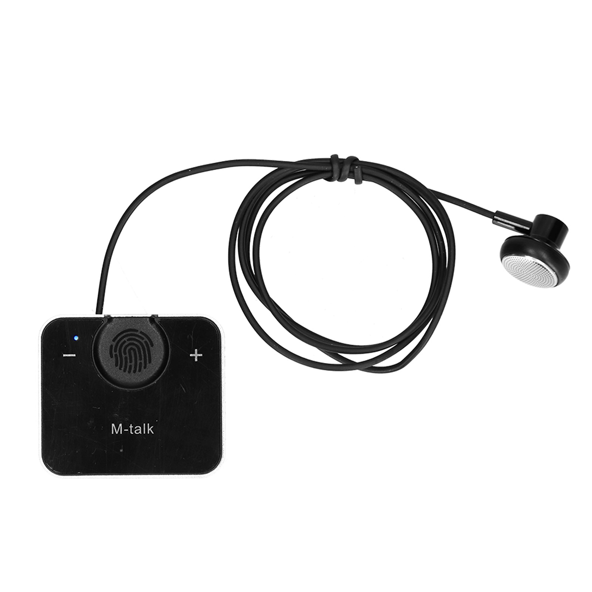 Ein schwarzes M-Talk-Gerät mit angeschlossenem Ohrhörer. Enthält eine Lautstärkeregelung und einen Fingerabdrucksensor.