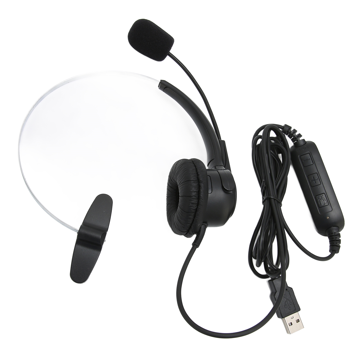 Schwarzes Headset mit Mikrofon und Steuertasten. USB-Anschluss.