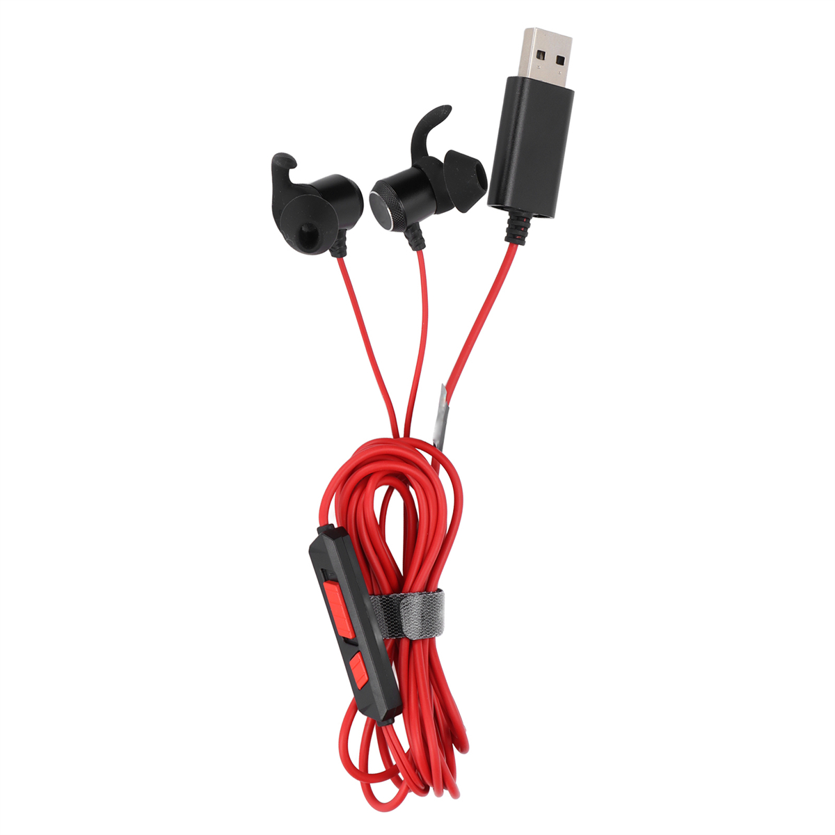 Schwarze und rote kabelgebundene Kopfhörer mit USB-Anschluss. Das Kabel ist rot.