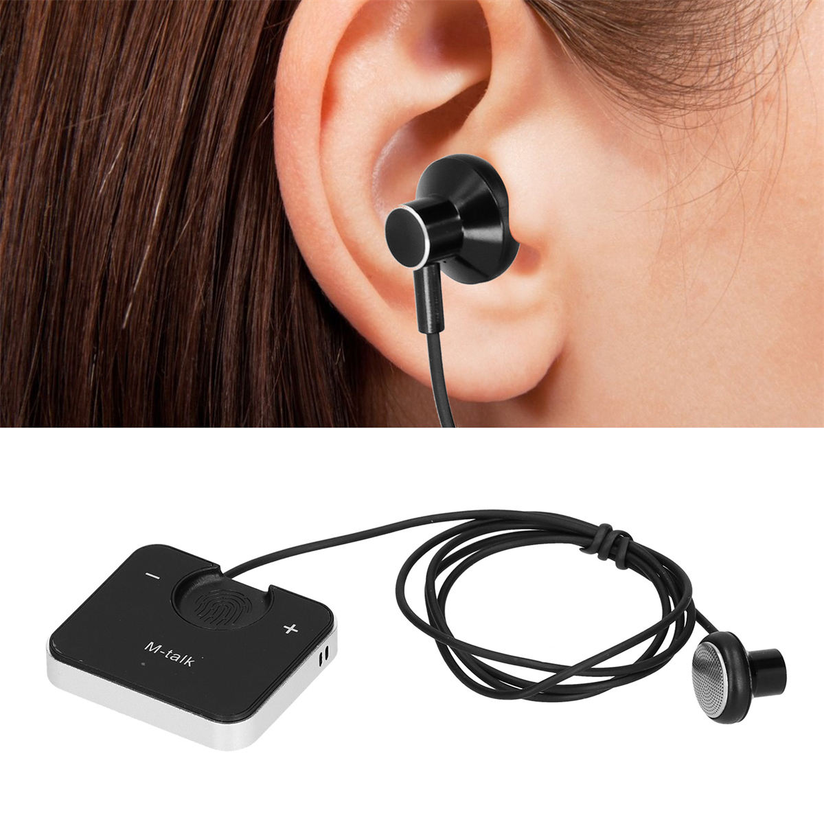 Ohrhörer im Ohr und separate Steuereinheit. Ohrhörer ist schwarz. Steuereinheit hat Tasten und einen Fingerabdrucksensor.