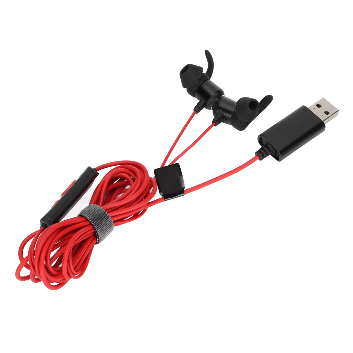 Rote kabelgebundene Ohrhörer mit schwarzer Steuerbox und USB-Anschluss.