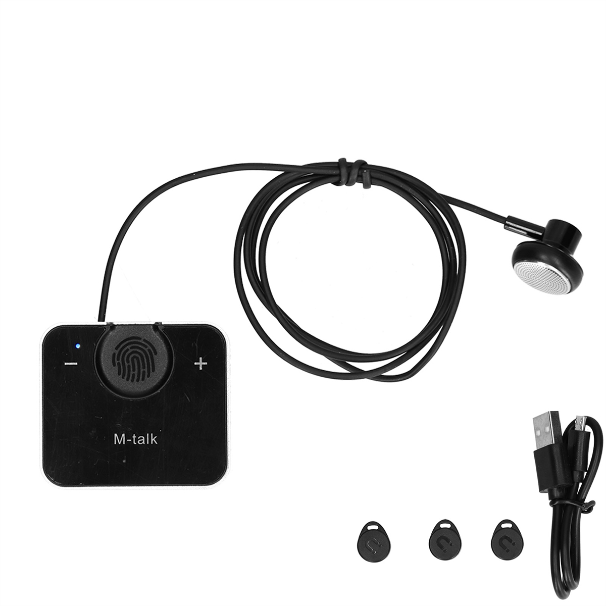 Ein schwarzes M-Talk-Gerät, Kopfhörer und Ladekabel vor weißem Hintergrund.