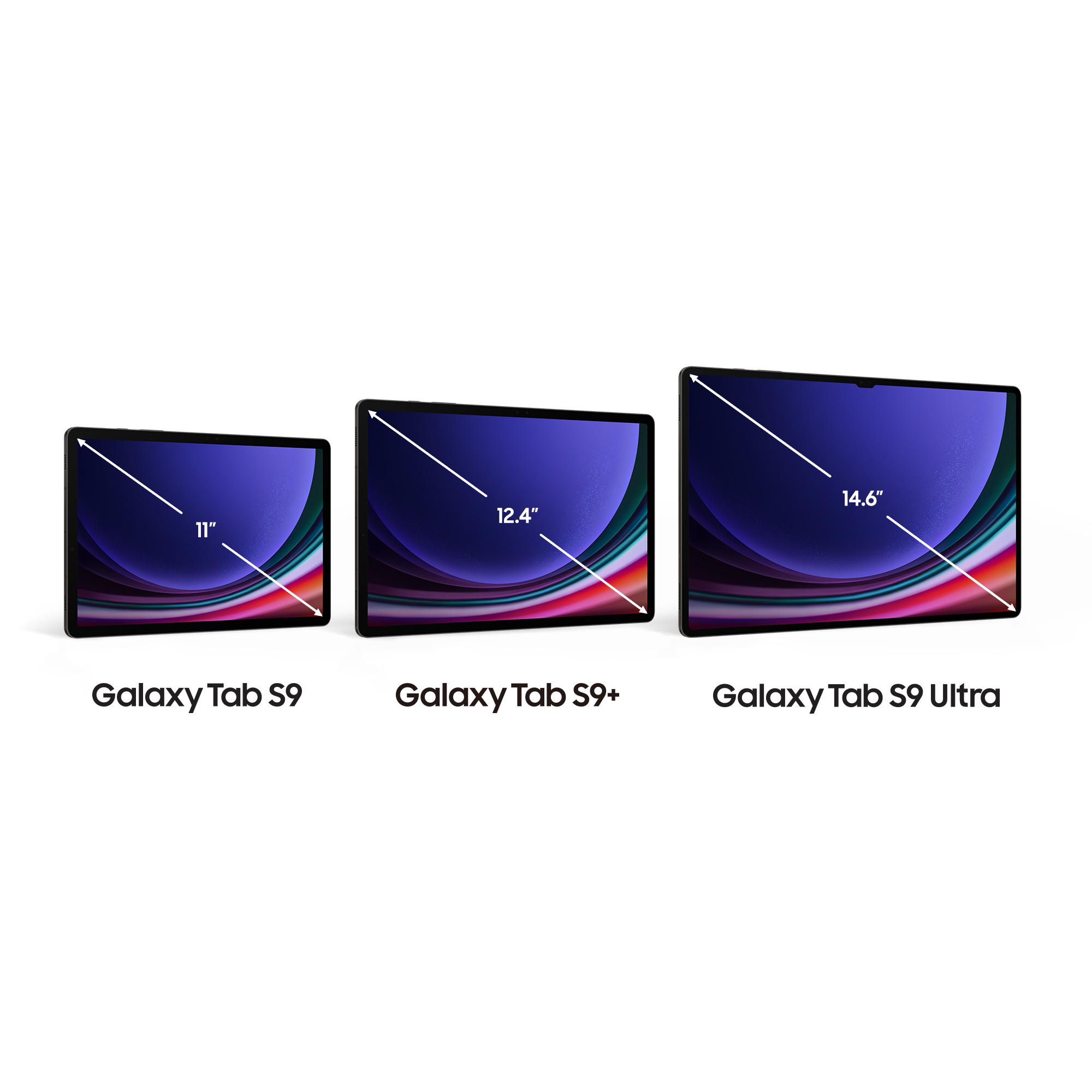 Trzy tablety o różnych rozmiarach ekranu: 11", 12,4" i 14,6". Modele Galaxy Tab S9 z etykietami.