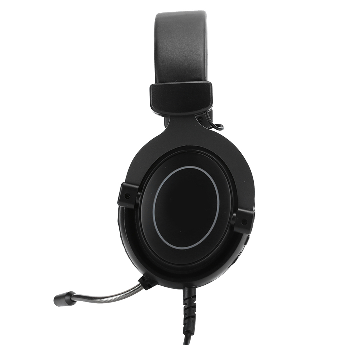 Schwarzes Gaming-Headset mit Mikrofon. Es hat einen gepolsterten Kopfbügel und Ohrmuscheln.