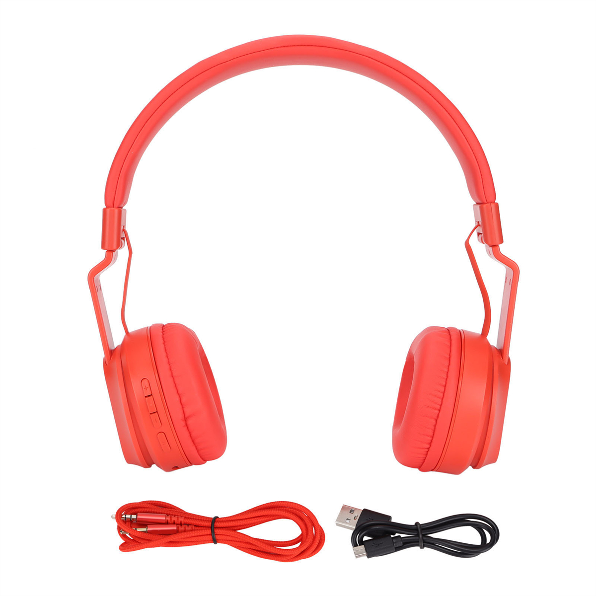 Rote Over-Ear-Kopfhörer mit Kabel und Ladekabel.