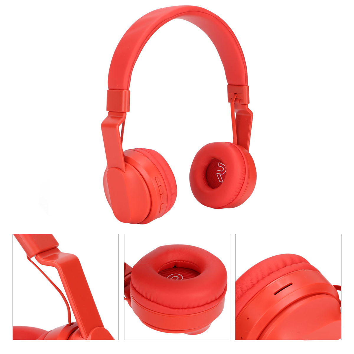 Mehrere Ansichten roter Kopfhörer. Die Kopfhörer haben Ohrmuscheln und ein Band. Sie sind leuchtend rot.