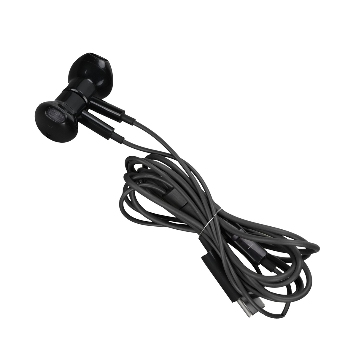 Schwarze Ohrhörer mit Kabel, USB-C- und USB-Anschlüssen. Das Kabel ist gebündelt.