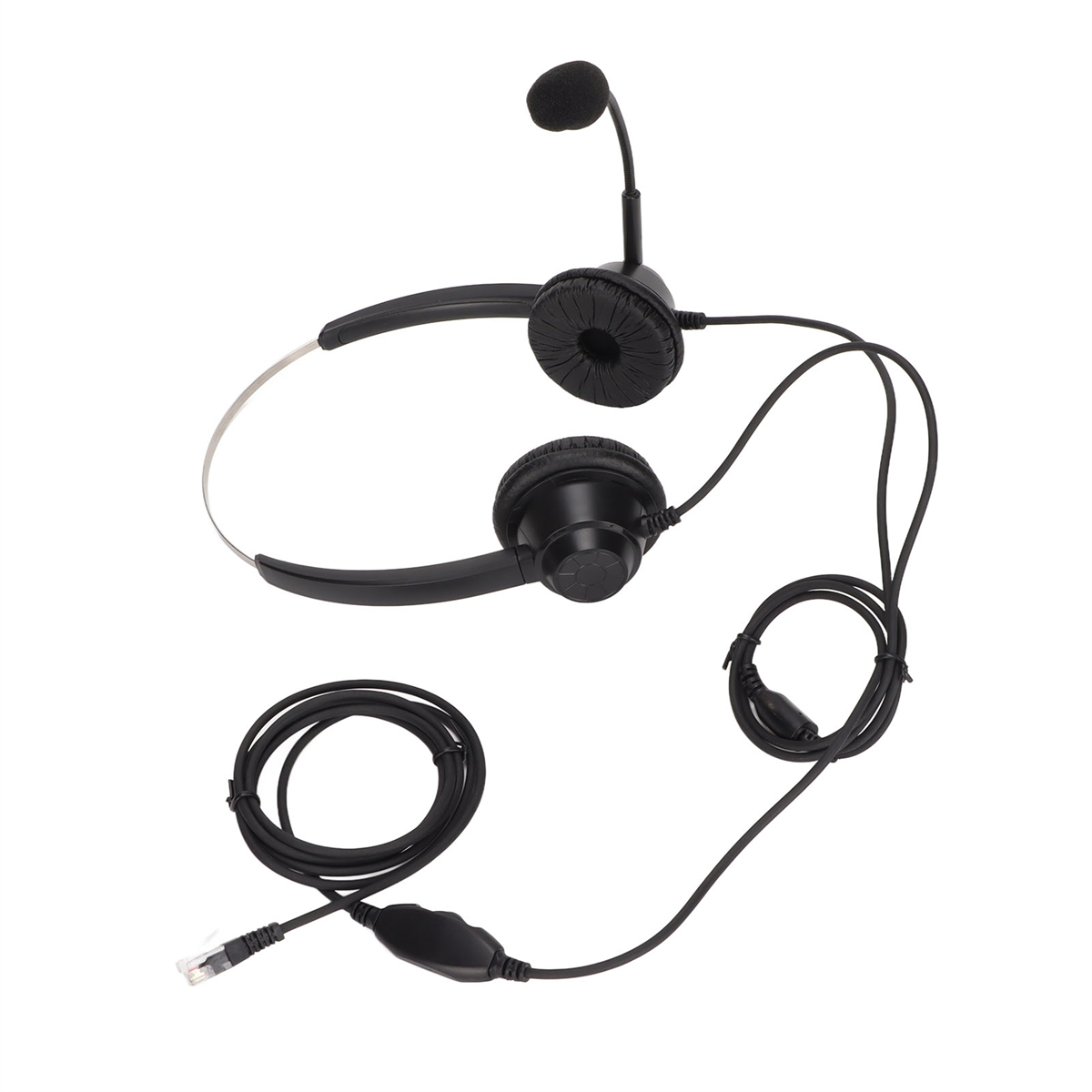 Schwarzes Telefon-Headset mit Mikrofon und Kabel auf weißem Hintergrund.