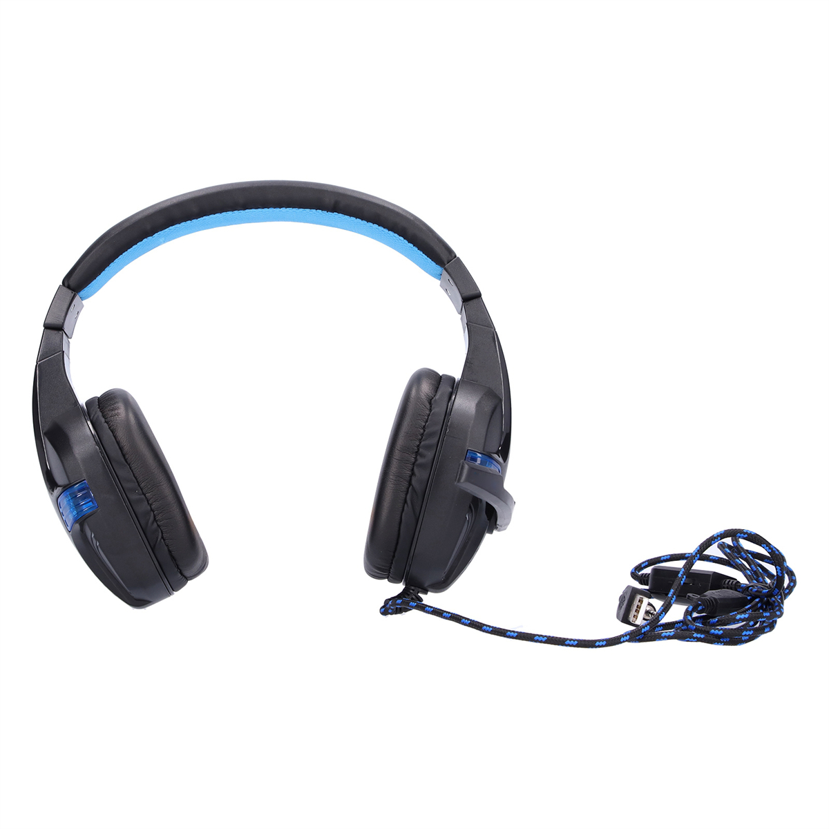 Schwarze und blaue Kopfhörer mit einem USB-Kabel. Die Ohrmuscheln sind schwarz und das Kopfband ist blau.