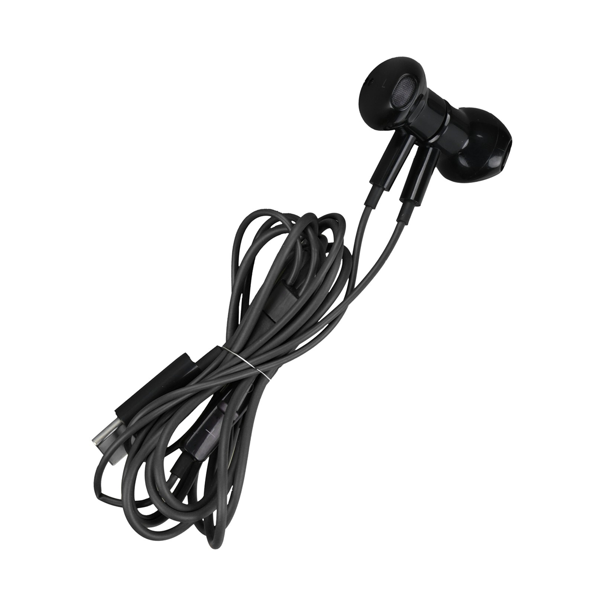 Schwarze Ohrhörer mit Kabel und Stecker auf einer weißen Oberfläche.