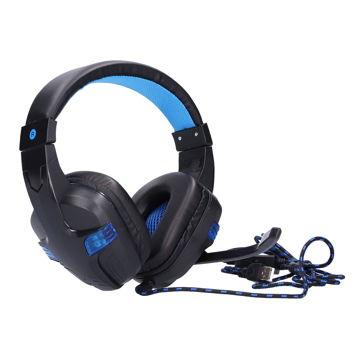 Schwarze und blaue Gaming-Kopfhörer mit Mikrofon und USB-Kabel.