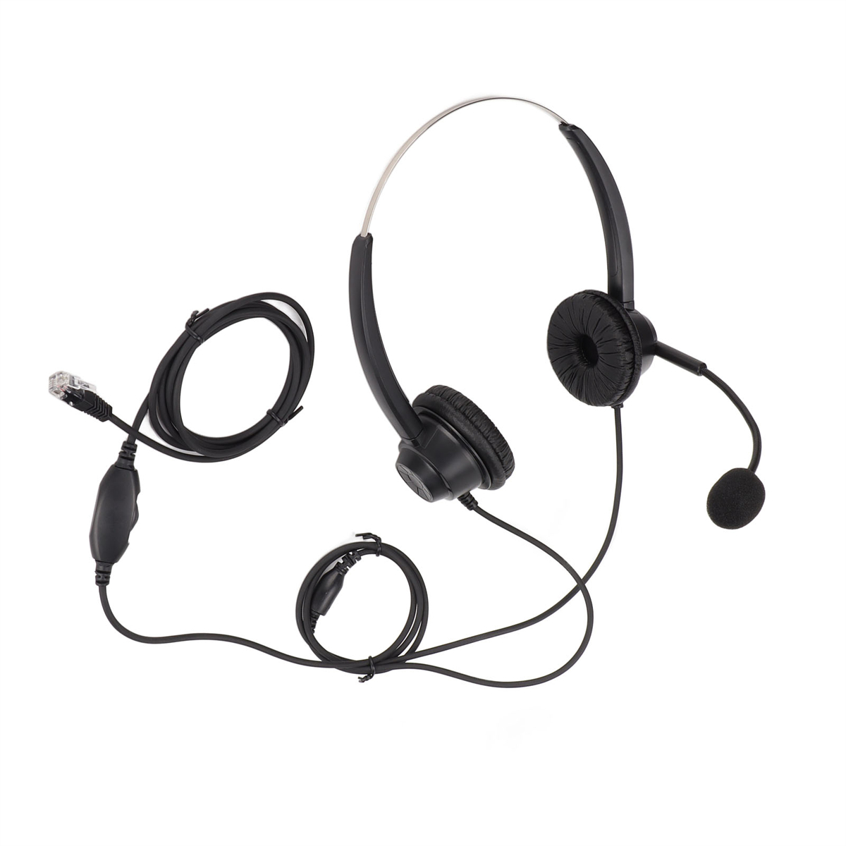 Schwarzes Headset mit Mikrofon und RJ45-Anschluss. Das Headset befindet sich auf weißem Hintergrund.