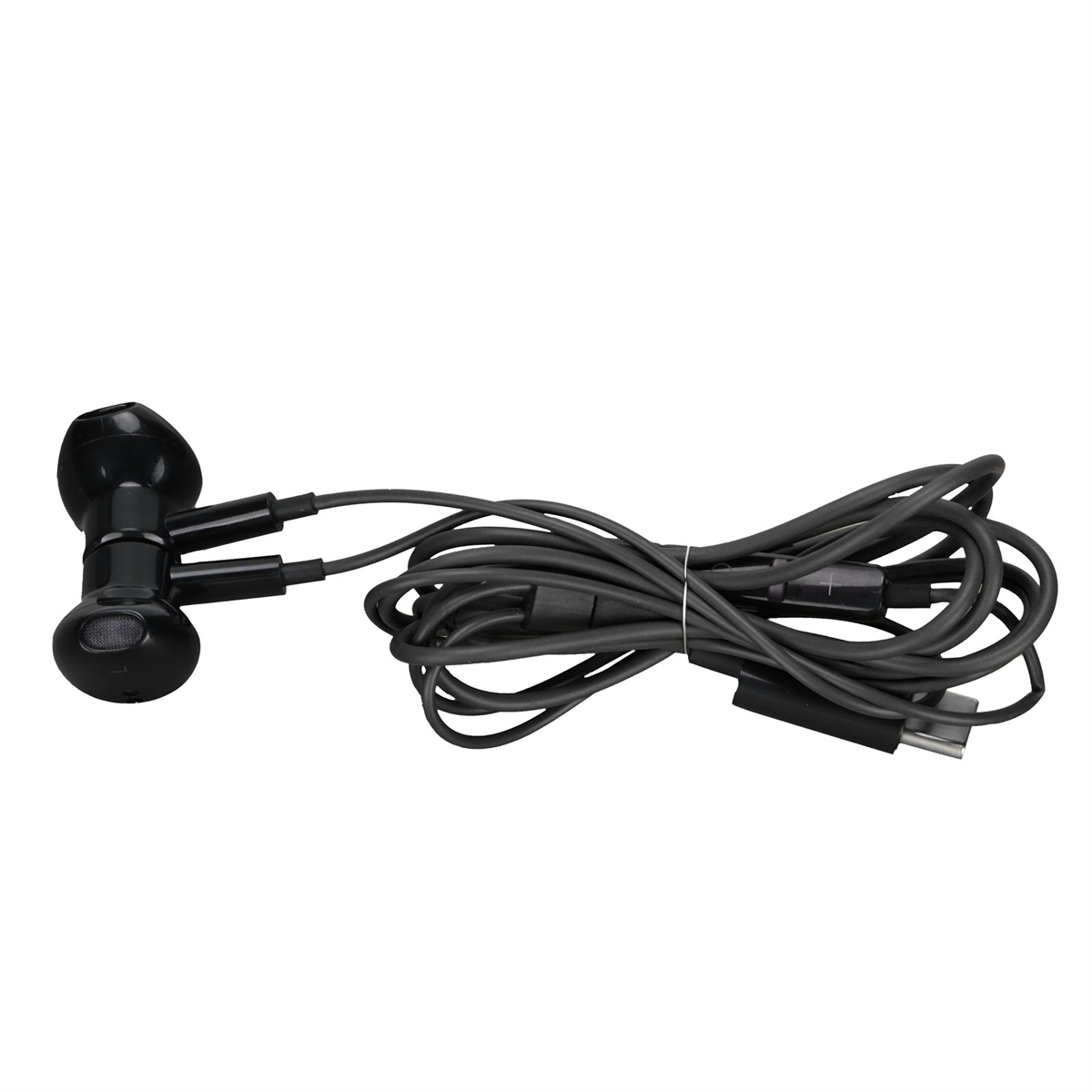 Schwarze Ohrhörer mit USB-C-Anschluss. Das Kabel ist schwarz und aufgewickelt. Ohrhörer sind In-Ear-Stil.