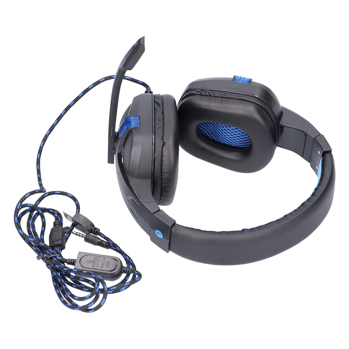 Schwarzes und blaues Gaming-Headset mit Mikrofon und Lautstärkeregler.