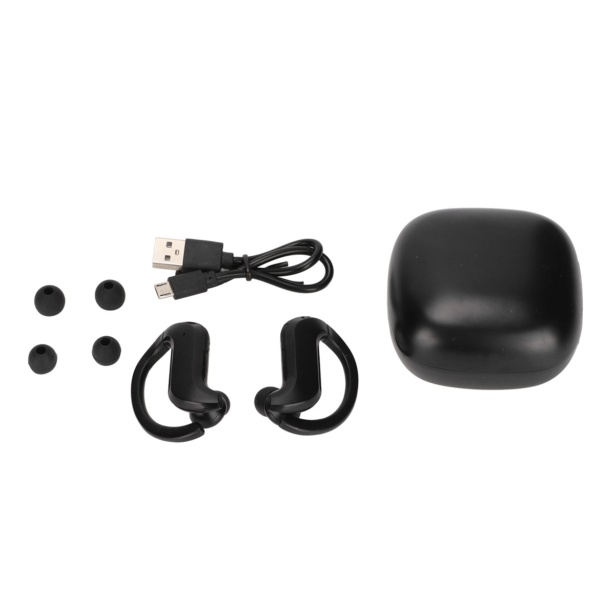 Schwarze Ohrhörer mit USB-Ladekabel, zusätzlichen Ohrstöpseln und schwarzem Etui.