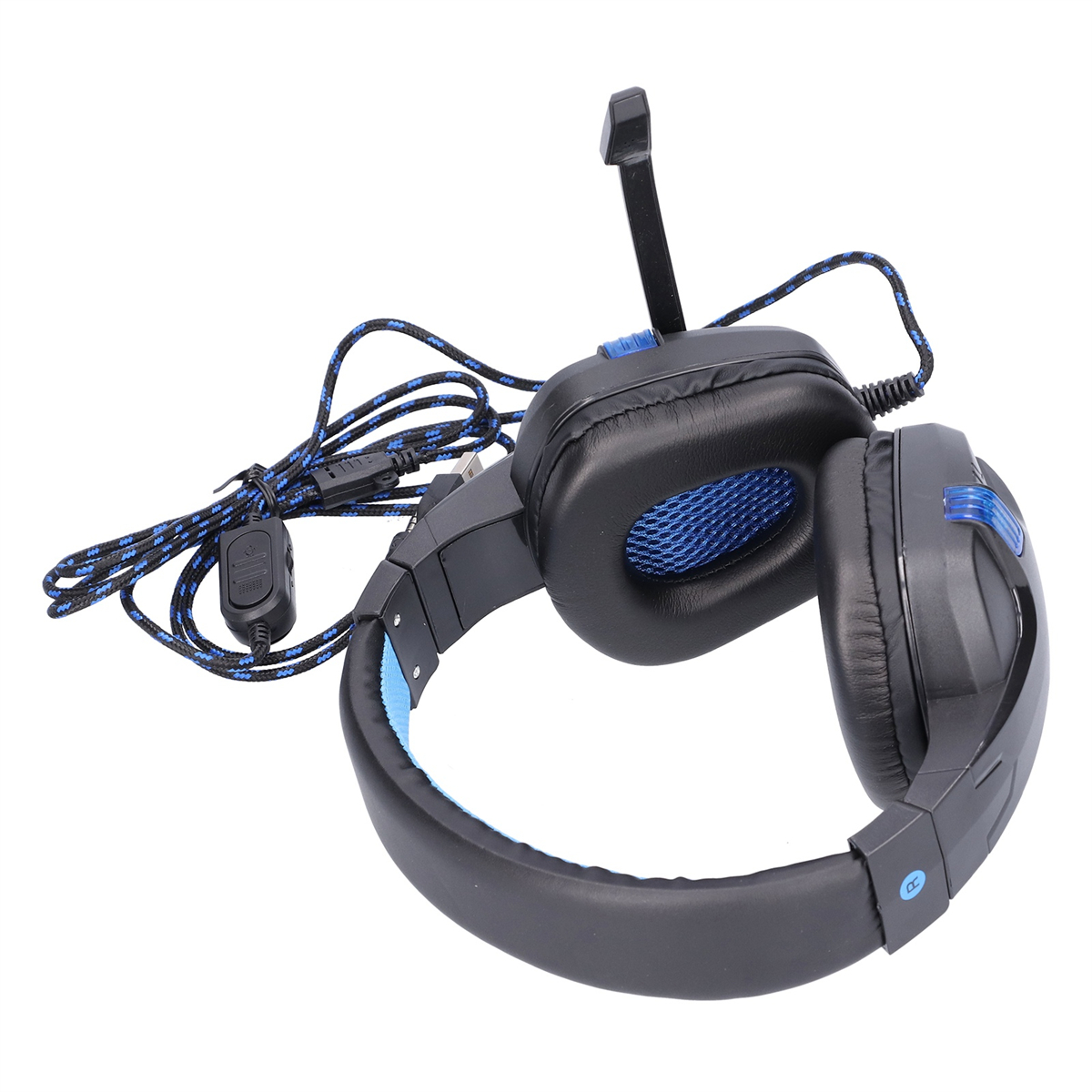 Schwarze und blaue Gaming-Kopfhörer mit Mikrofon. Das Kabel hat eine Lautstärkeregelung.
