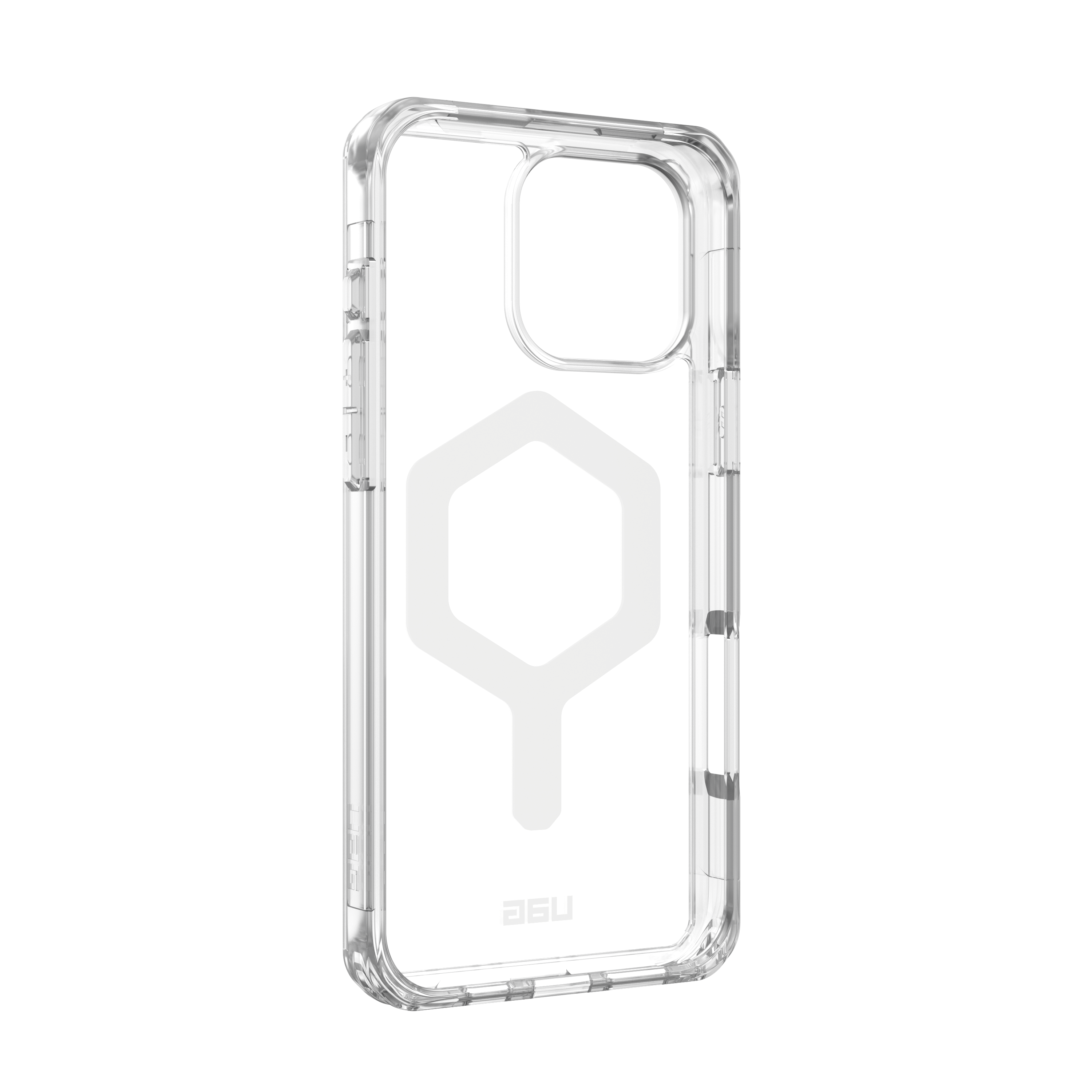 Transparente Handyhülle mit weißer Sechseckform, klarer Hintergrund.