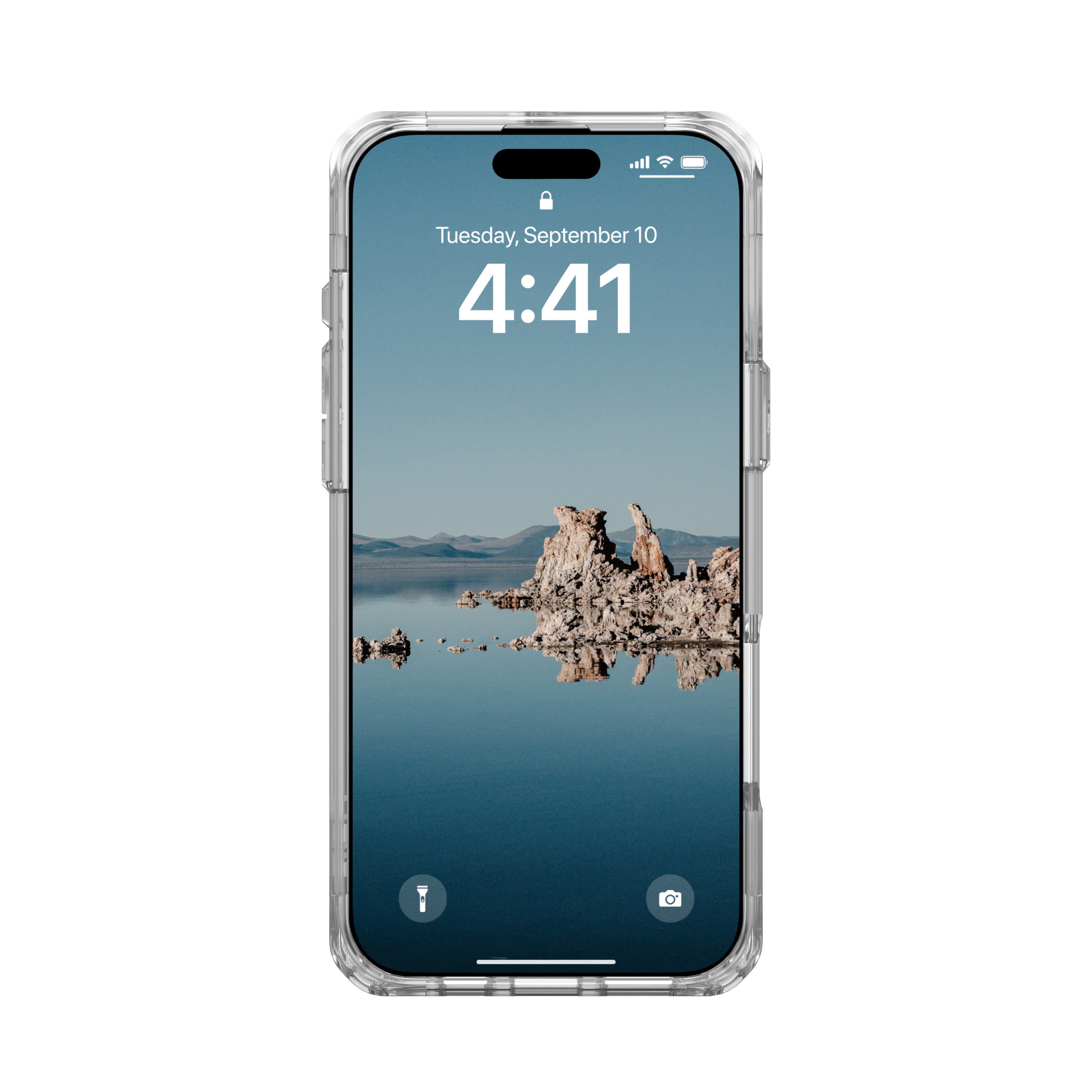 Smartphone mit Landschaftsanzeige und Zeit. Schwarzer Hintergrund.
