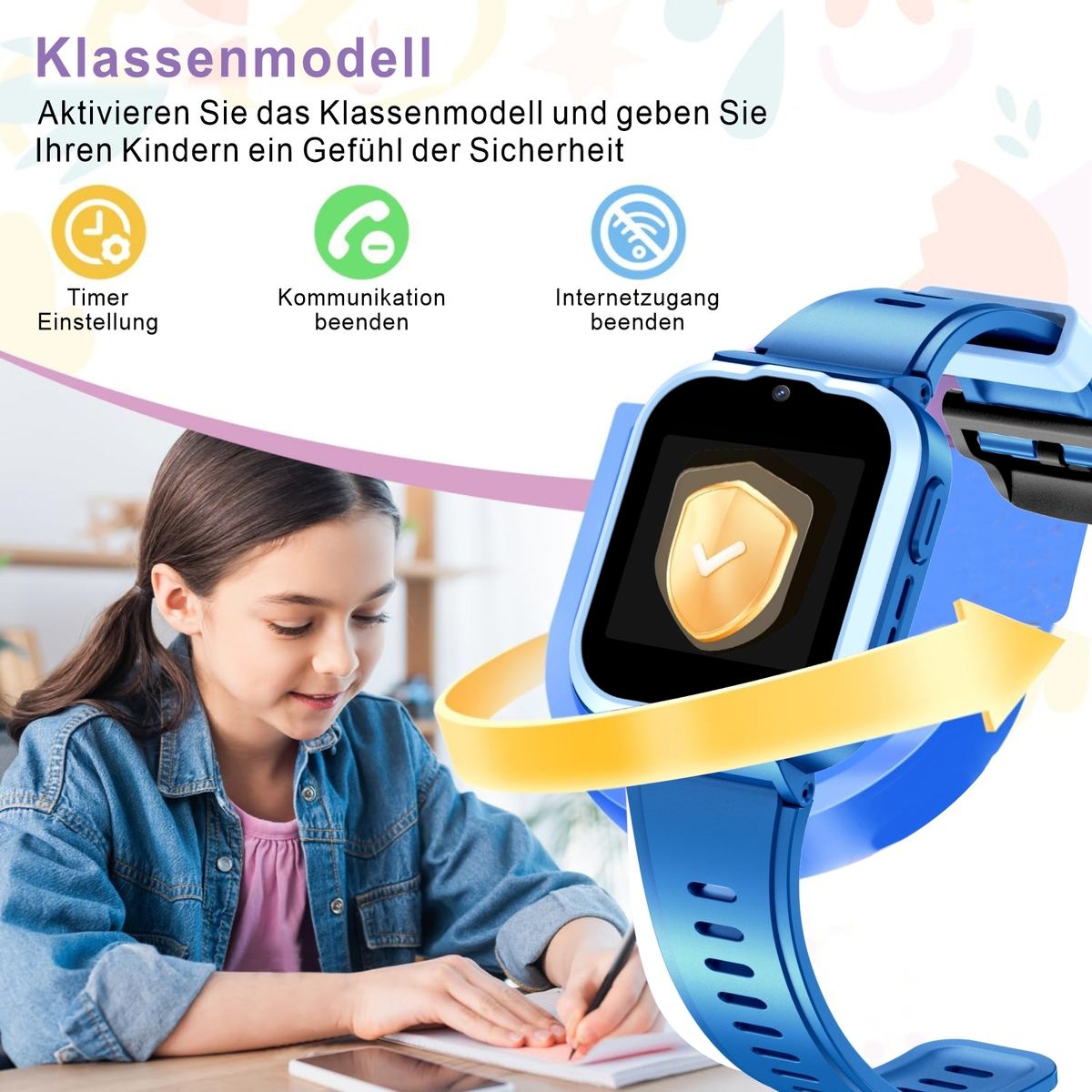 Ein junges Mädchen, das eine blaue Smartwatch benutzt, mit Text und Symbolen um das Gerät, blauer Hintergrund.