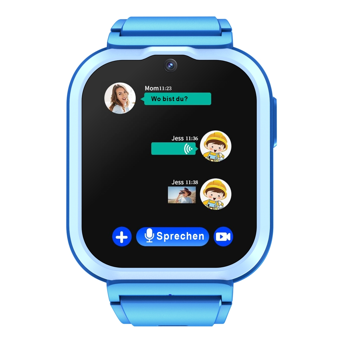 Eine blaue Smartwatch, die Nachrichten anzeigt. Auf dem Bildschirm ist ein Cartoon zu sehen.