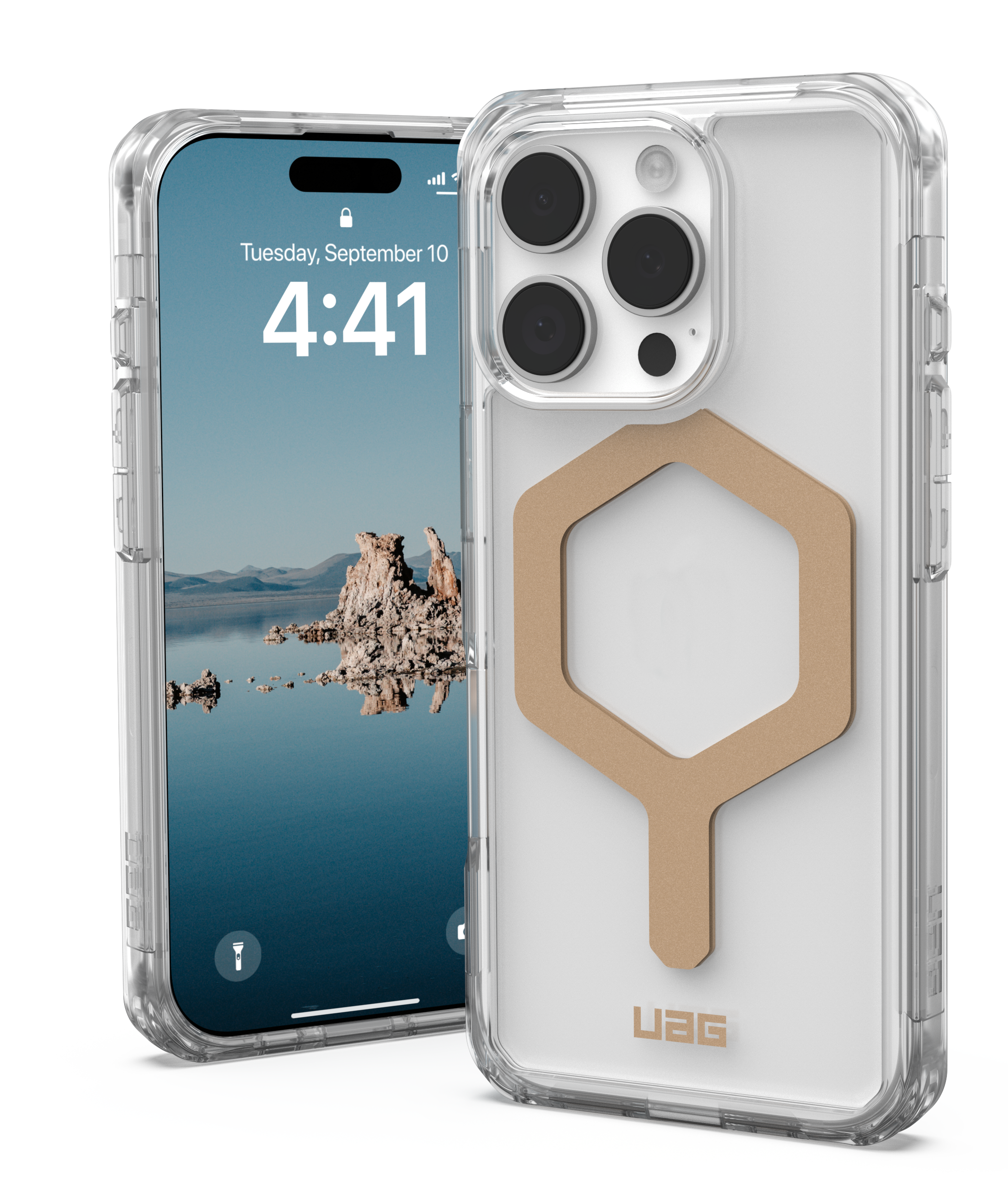 Zwei Telefone, eines mit Hülle, das andere zeigt die Uhrzeit. Die Hülle ist transparent mit einem sechseckigen Design.