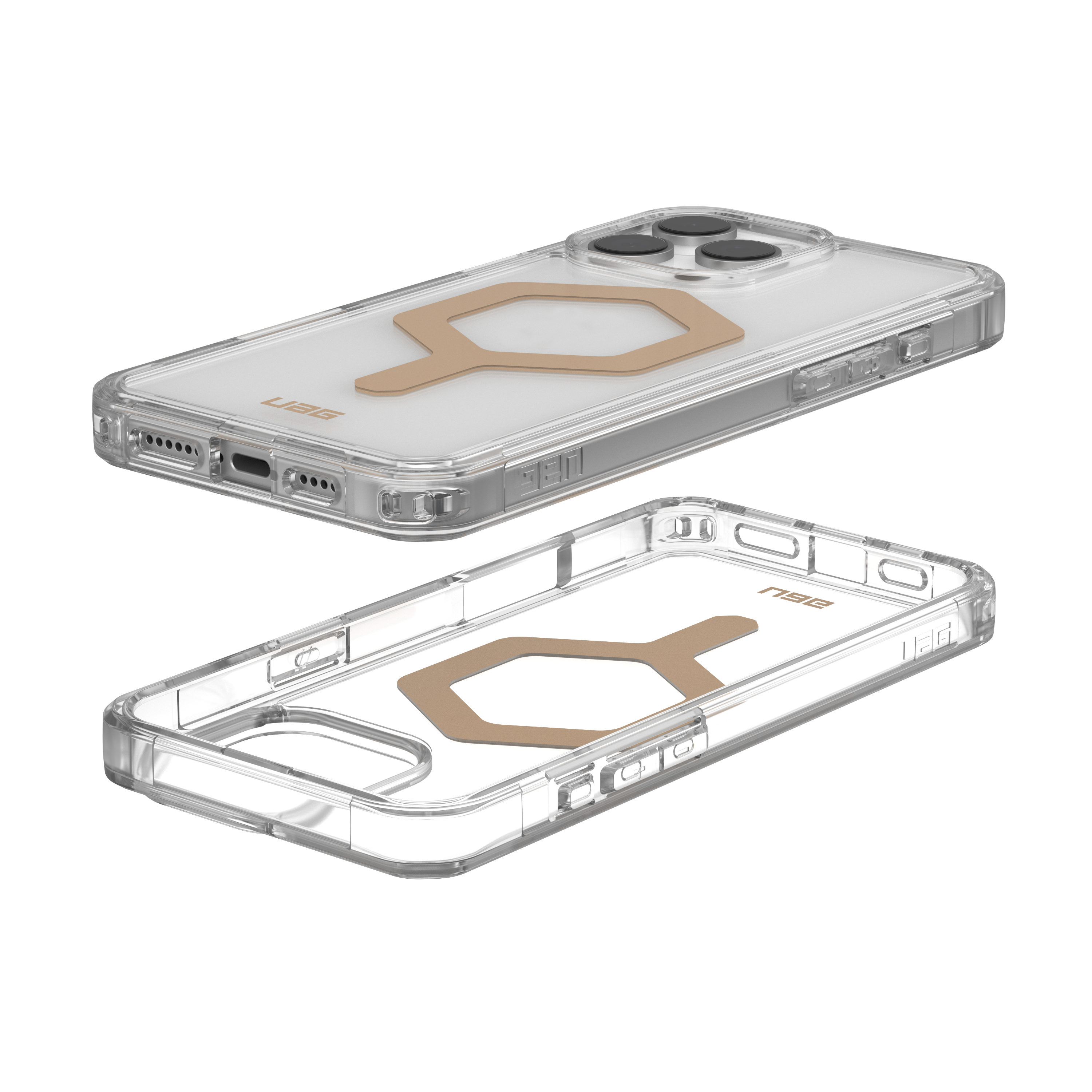 Custodia trasparente per telefono con attacco magnetico color beige. Design trasparente.