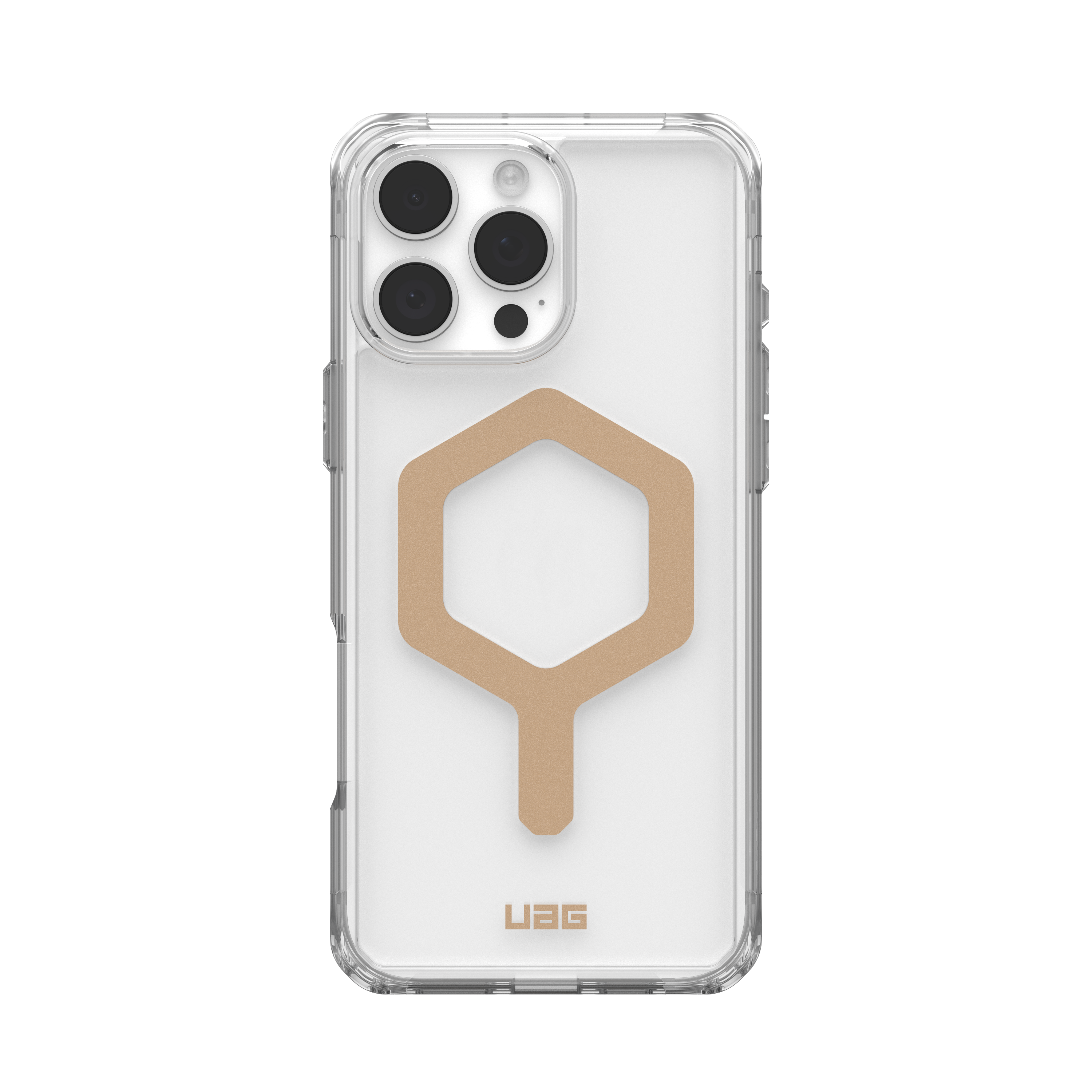Una custodia trasparente per telefono con un'impugnatura esagonale color beige. La custodia ha più lenti della fotocamera. Sfondo nero.