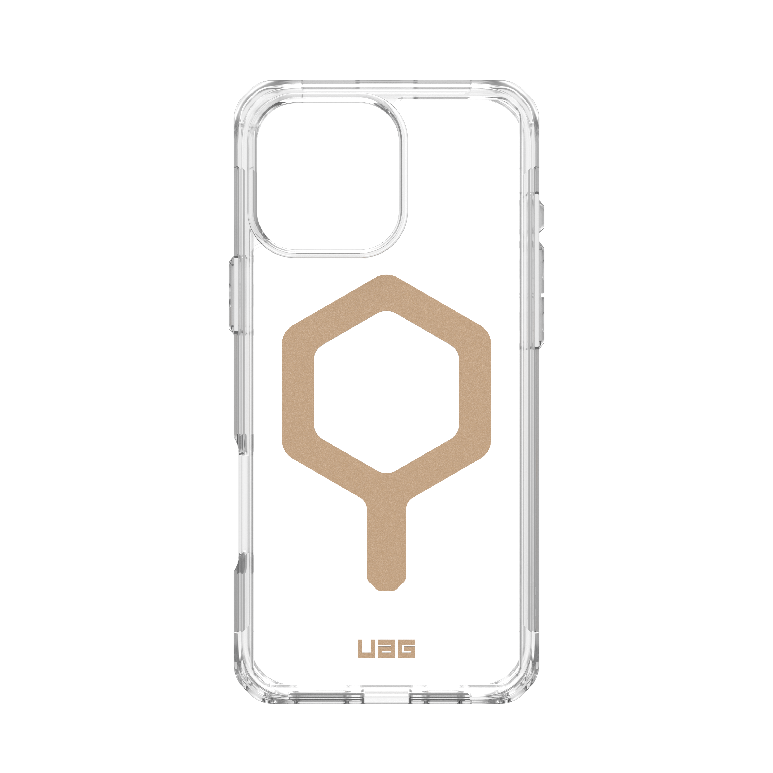 Custodia trasparente per telefono con design esagonale beige al centro. Il logo UAG è in basso.