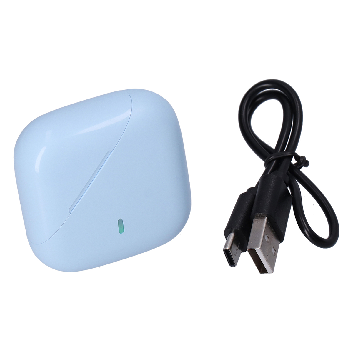 Hellblaues Ladecase und ein schwarzes Ladekabel mit USB-Anschlüssen.