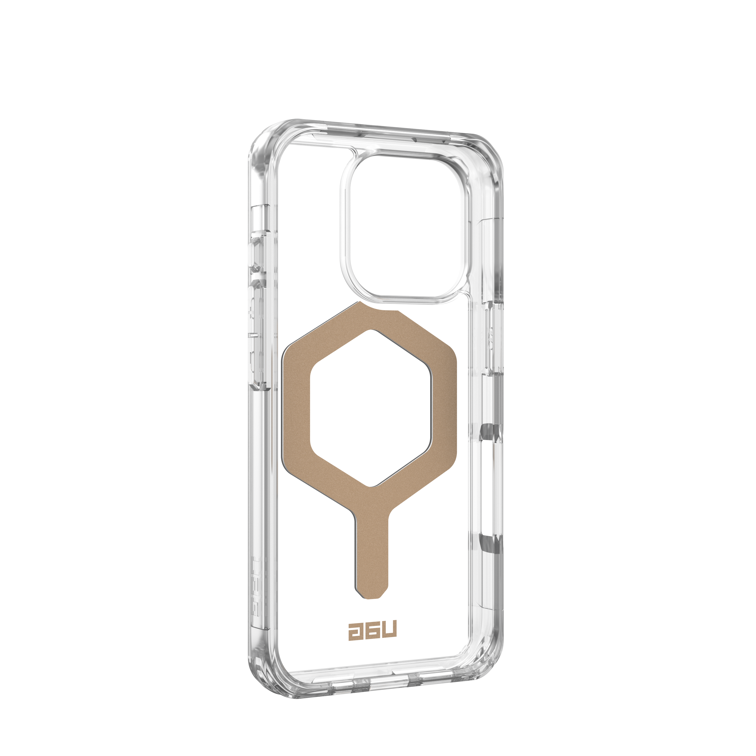 Transparente Handyhülle mit goldener Sechseckform, klarer Hintergrund.