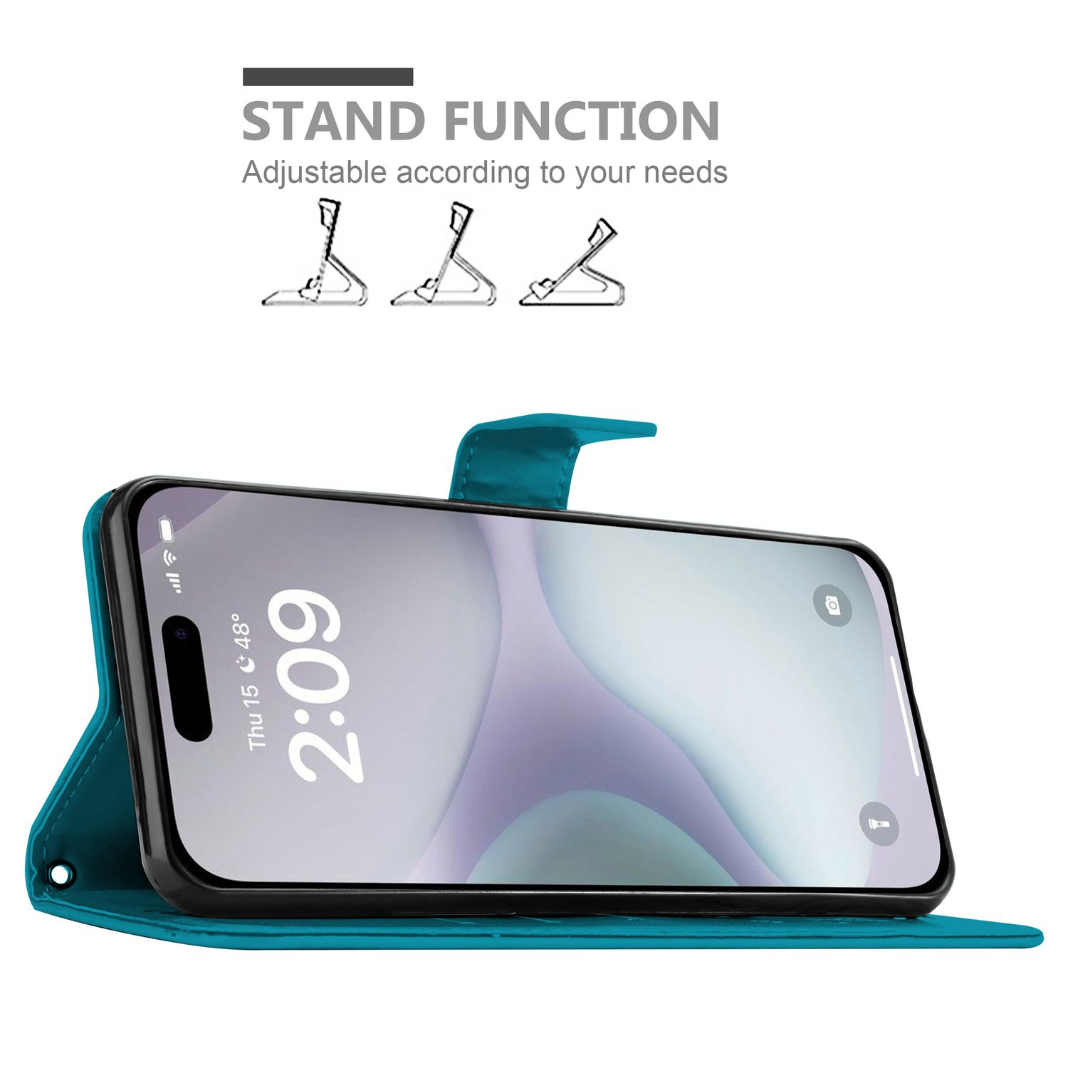 Eine türkisfarbene Handyhülle mit Ständerfunktion. Auf der Hülle wird ein Telefon mit Uhr angezeigt.