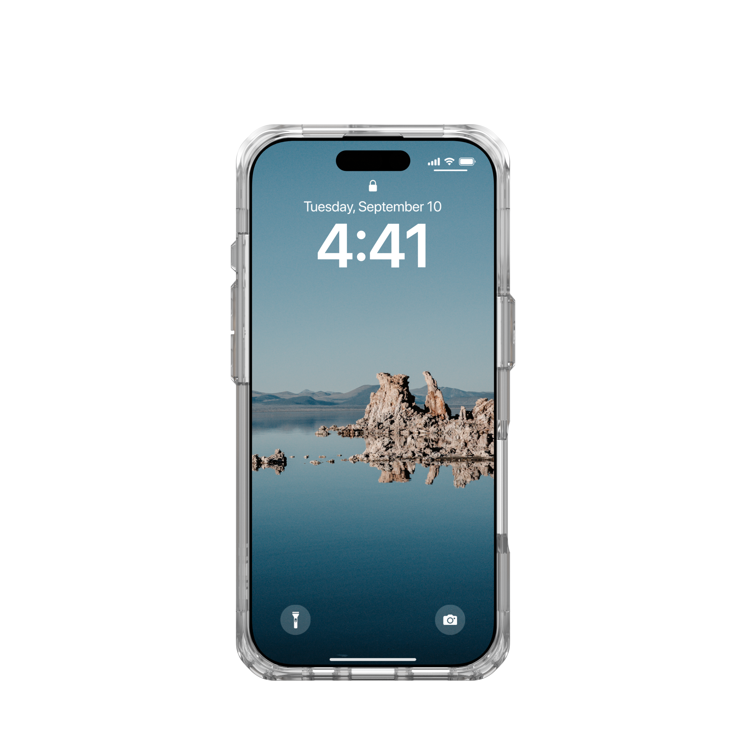 Ein Telefon mit klarer Hülle zeigt ein Landschaftsbild auf schwarzem Grund.