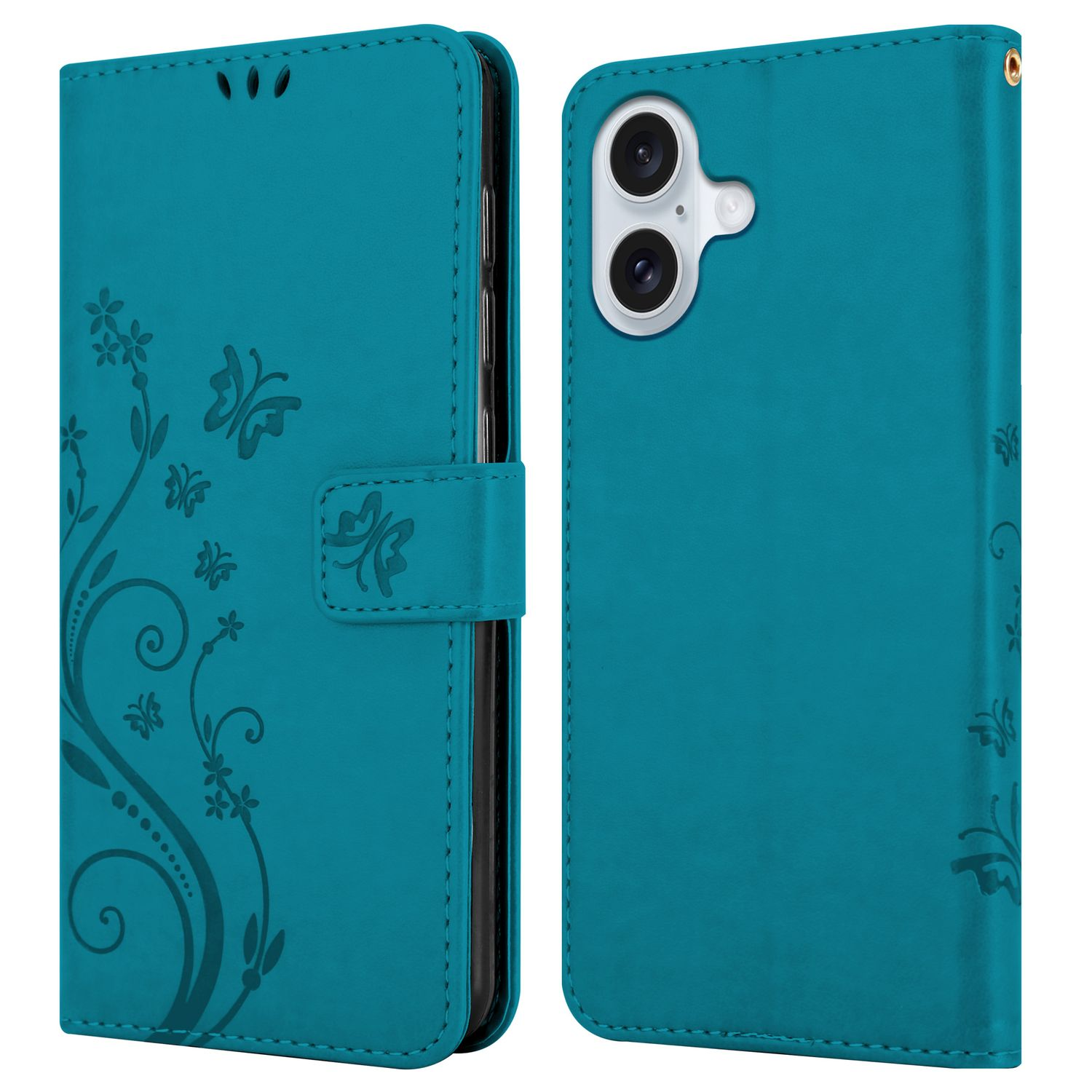 Türkisfarbene Handyhülle mit Blumen- und Schmetterlingsdesign. Öffnet sich, um den Telefonhalter freizugeben. Weißer Hintergrund.