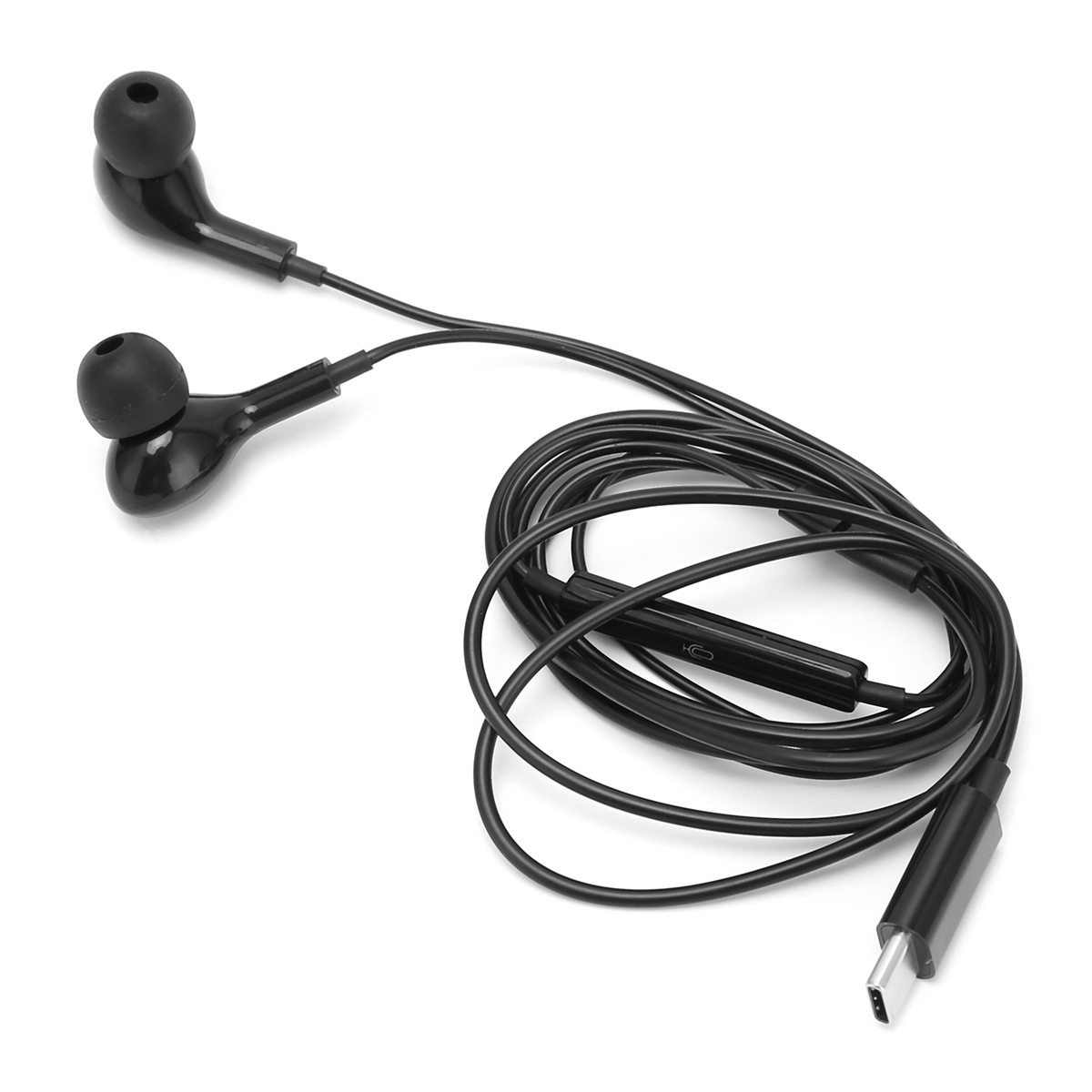 Schwarze Ohrhörer mit Kabel und USB-C-Anschluss.