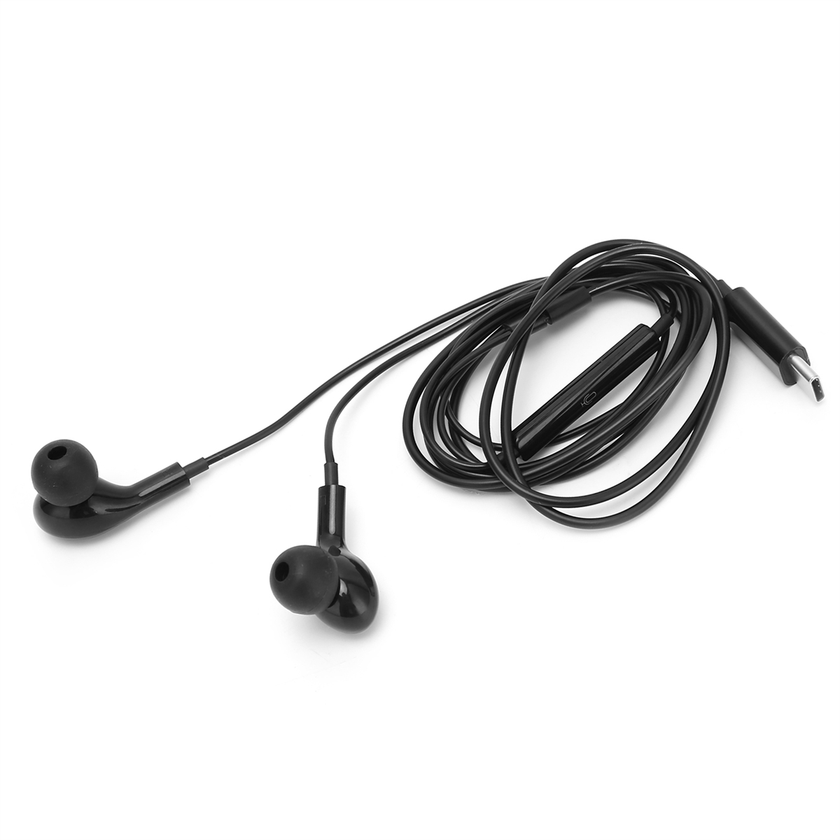 Schwarze Ohrhörer, verbunden mit einem Kabel mit Controller und USB-C-Anschluss.