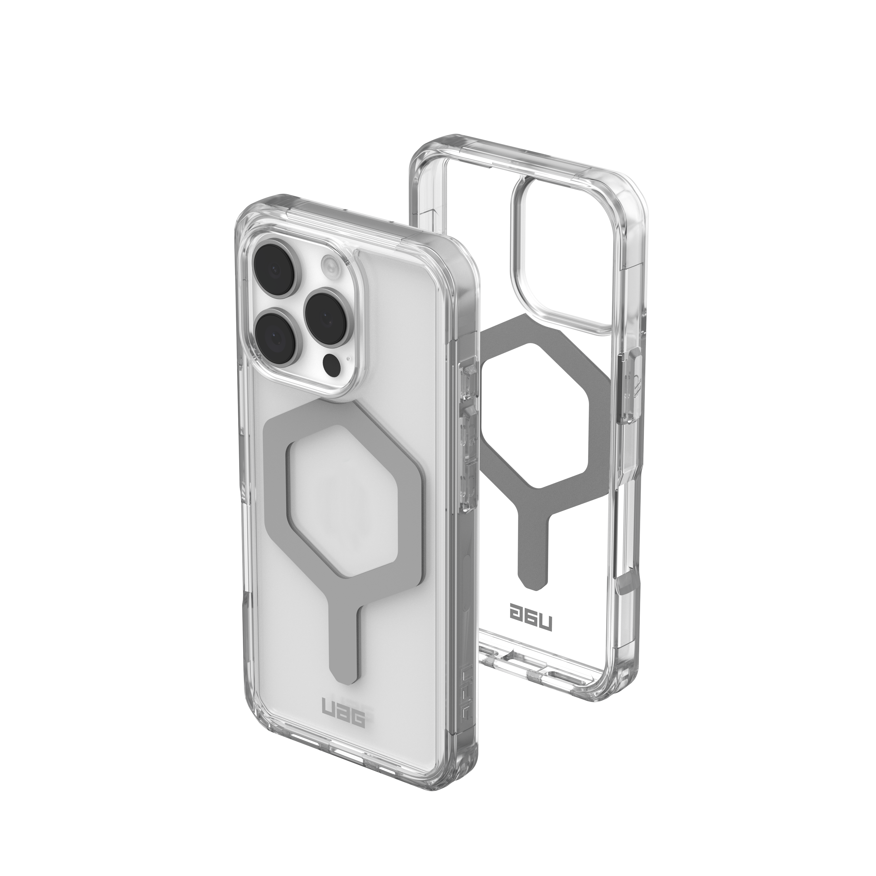 Telefonhälften. Das Gehäuse ist transparent mit einem grauen sechseckigen Element.