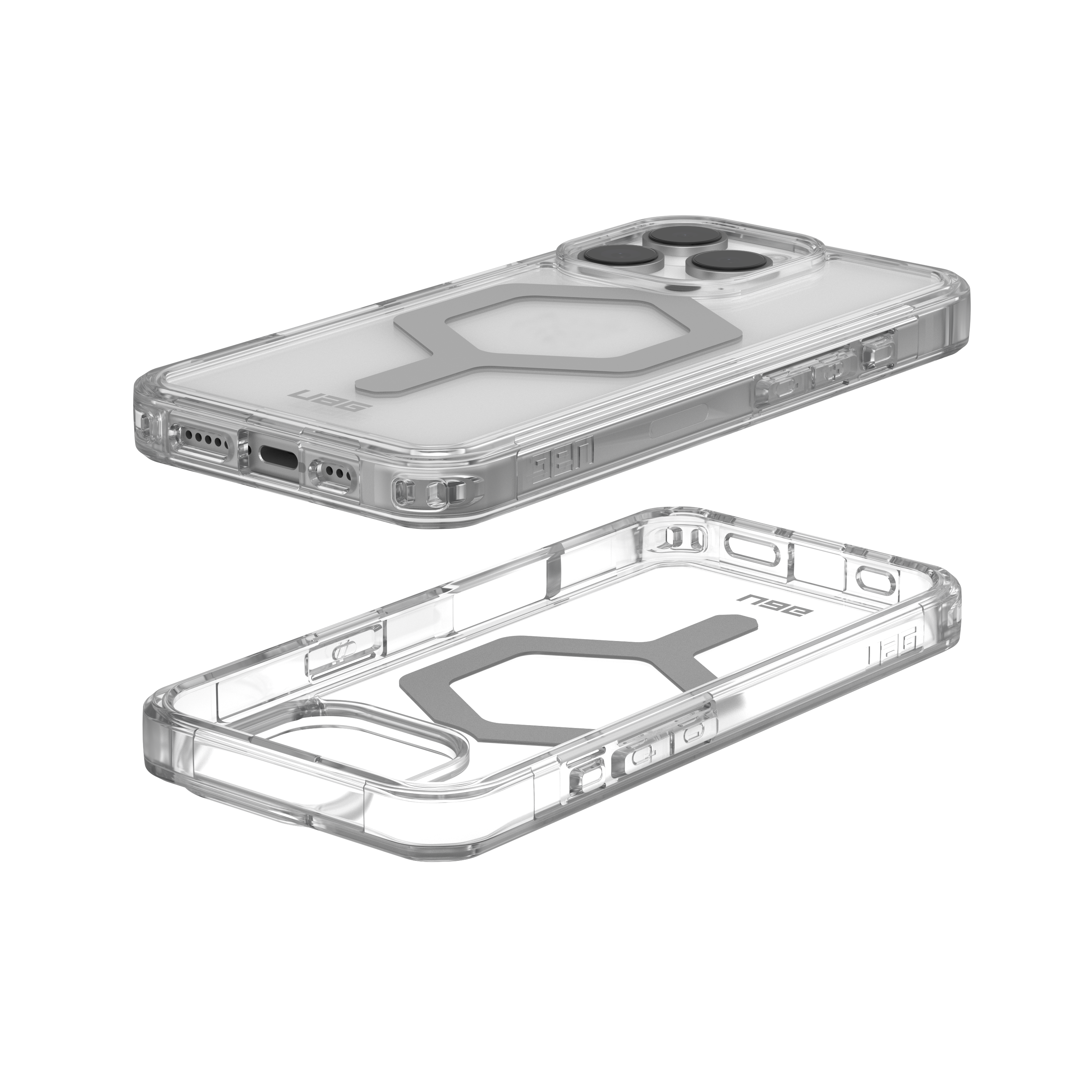 Zwei transparente Handyhüllen mit einem Telefon darin. Die Hüllen haben eine durchsichtige Rückseite und einen Schutzrahmen.