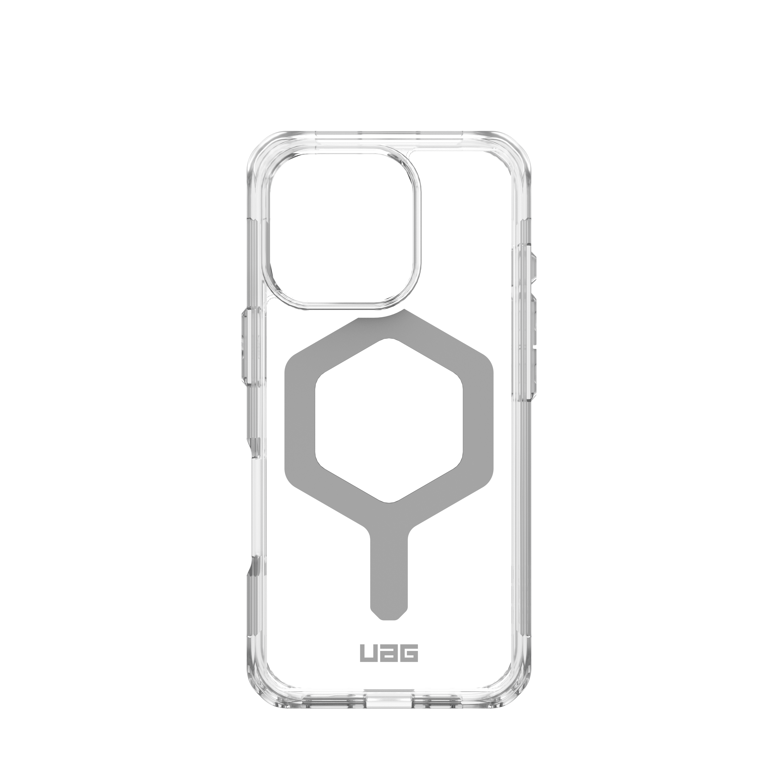 Transparente Handyhülle mit grauen Akzenten. UAG-Logo unten, schwarzer Hintergrund.