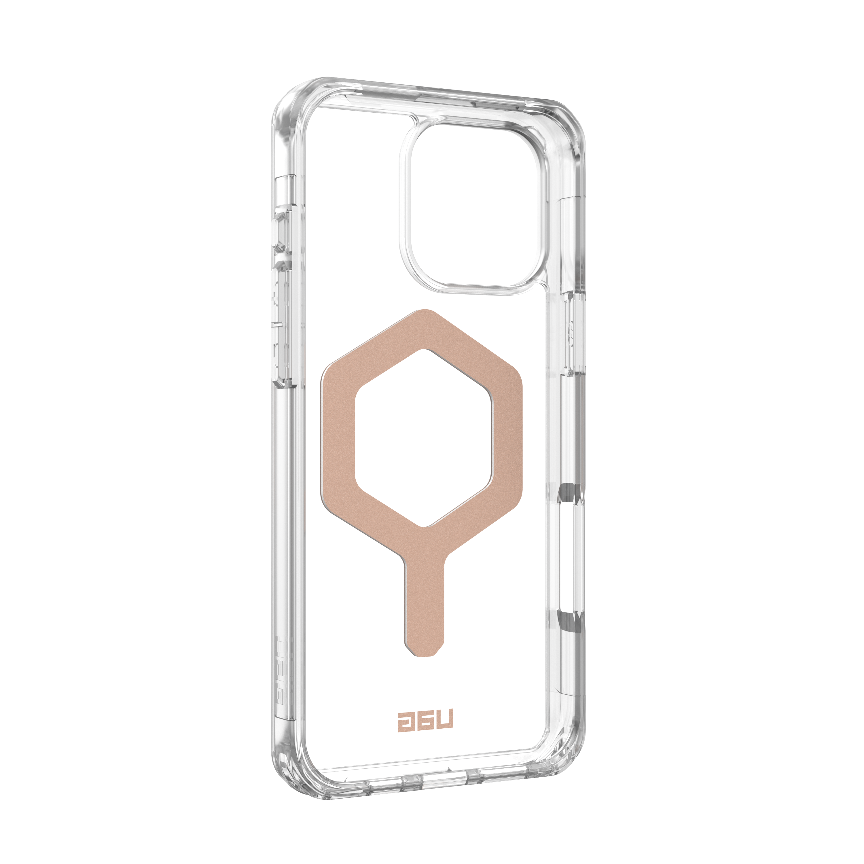 Transparente Handyhülle mit beigem Sechseckdesign. Schwarzer Hintergrund.
