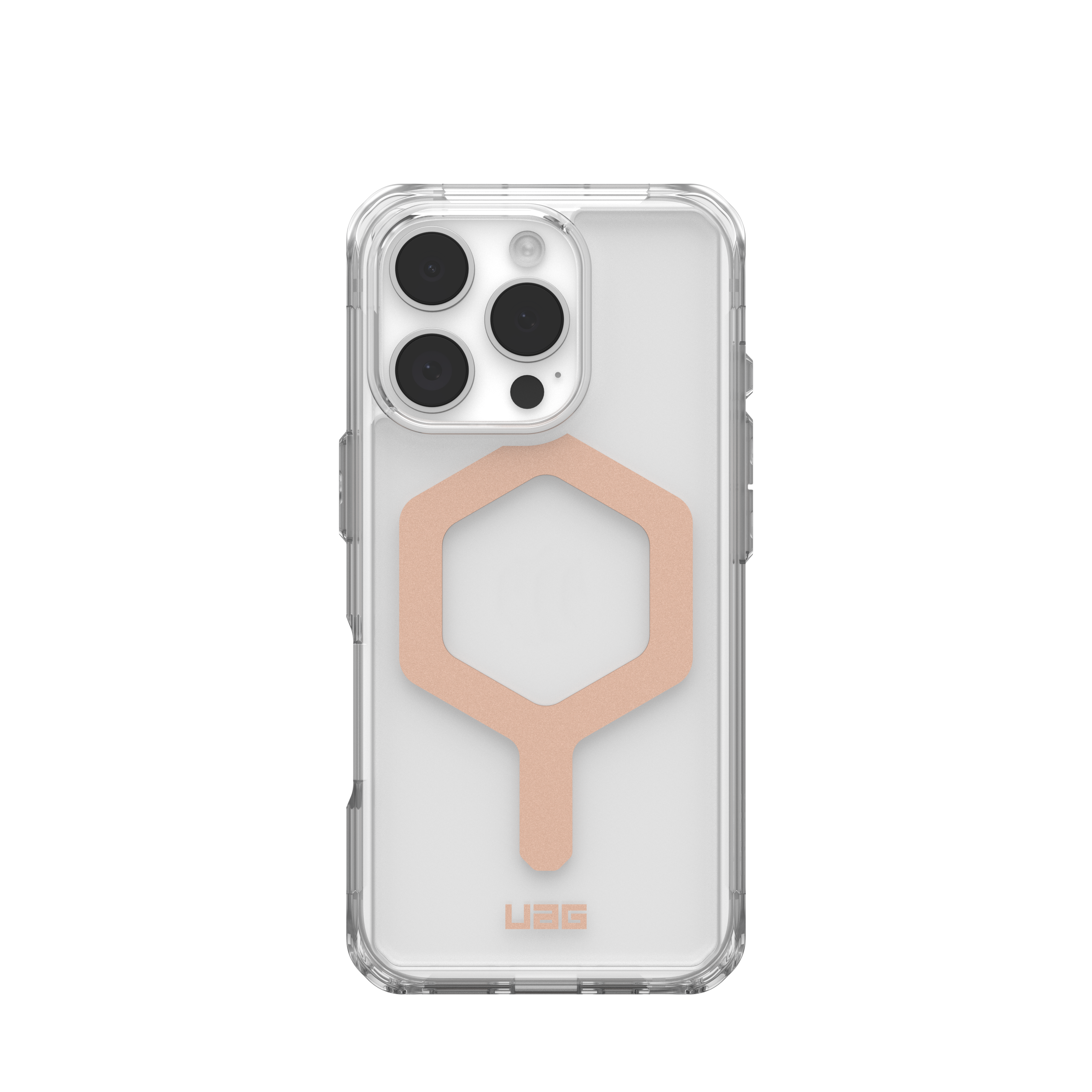 Transparente Handyhülle mit rosa Sechseck auf der Rückseite. Das Handy hat mehrere Kameras.