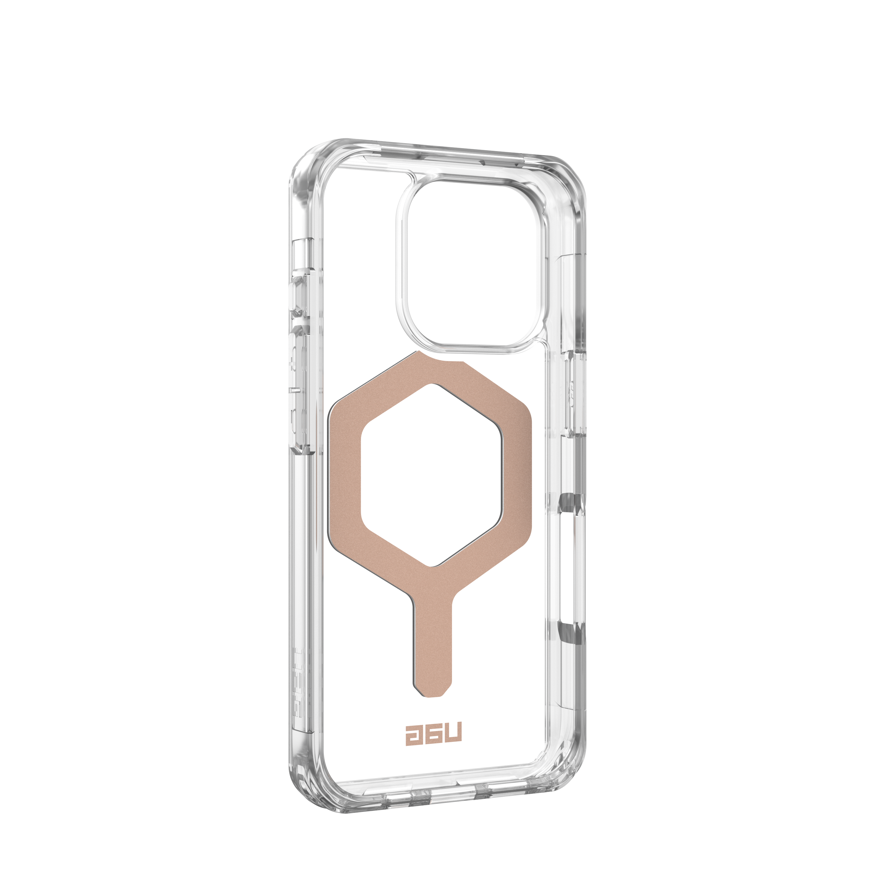 Transparente Handyhülle mit hellbraunem Design. Die Hülle ist auf schwarzem Hintergrund. Sechseckiges Design.